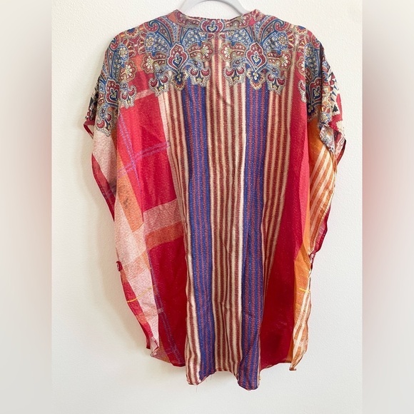 Johnny Was Red Orange Paisley abstract printed multi color silk Poncho M - Picture 7 of 9